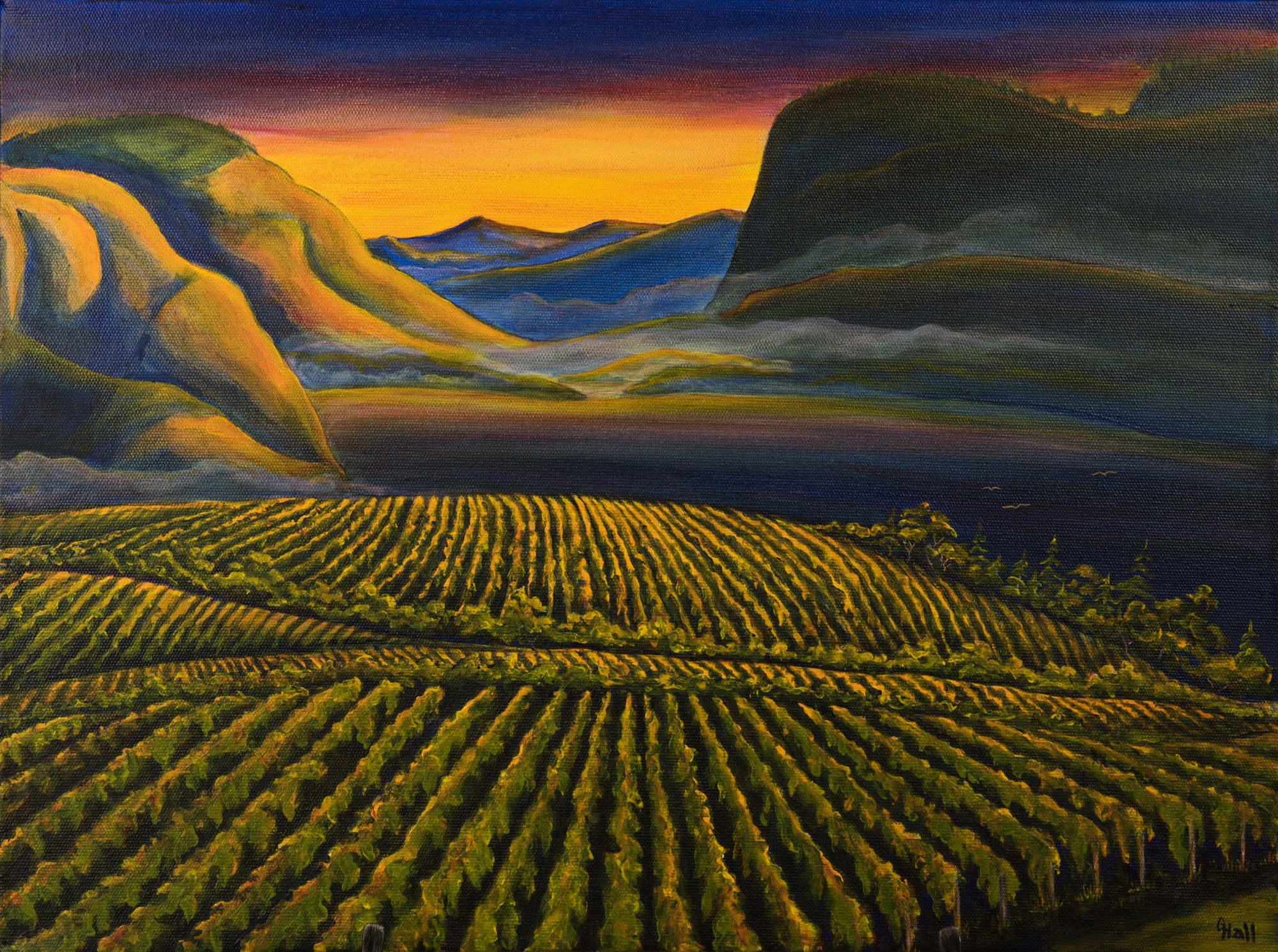 A painting by Ginny Hall depicting an Okanagan winery.