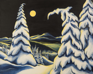 A painting by Ginny Hall depecting snow covered trees in the moonlight.